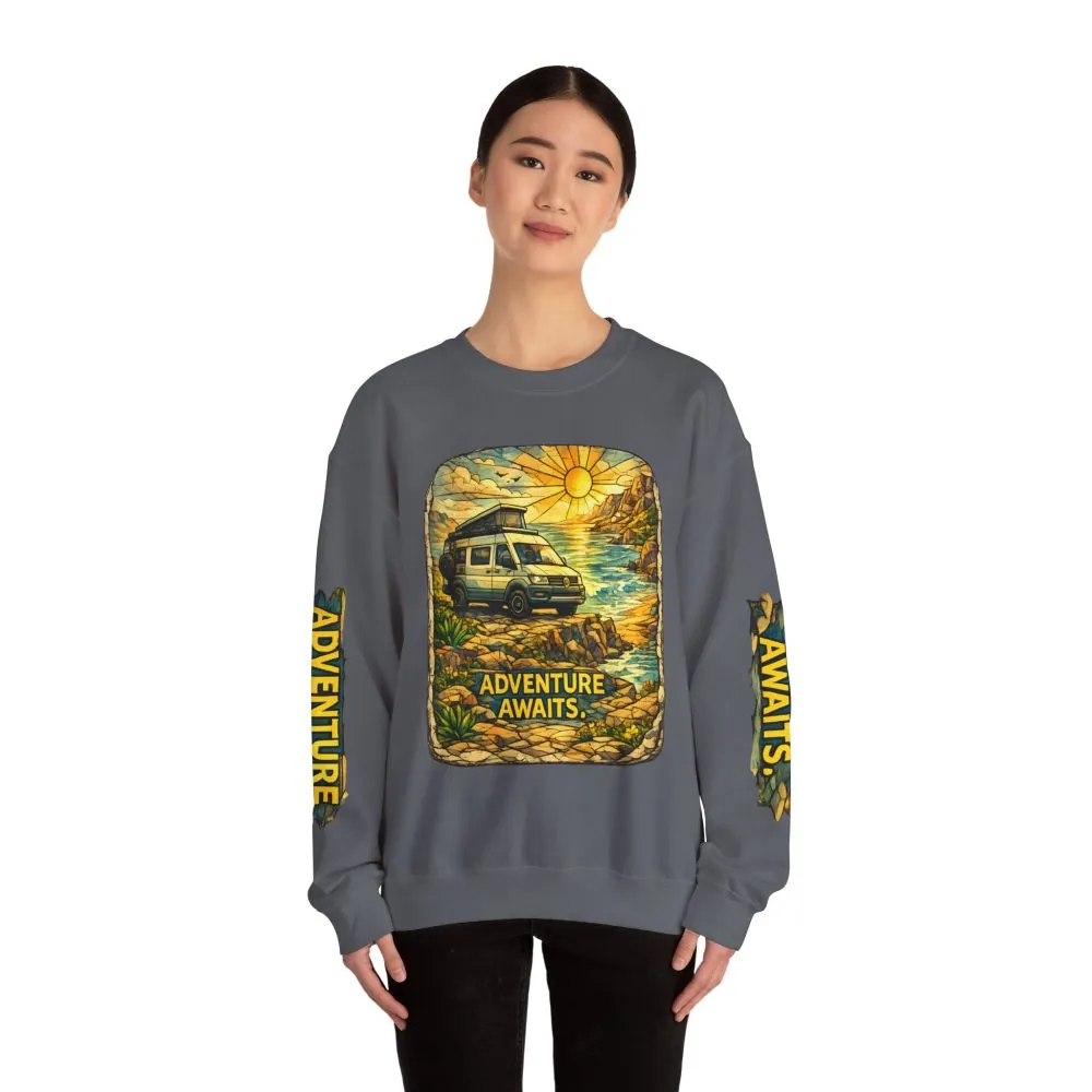 Unisex Heavy Blend™ Crewneck Sweatshirt — "Adventure Awaits" Design Cubic-Line