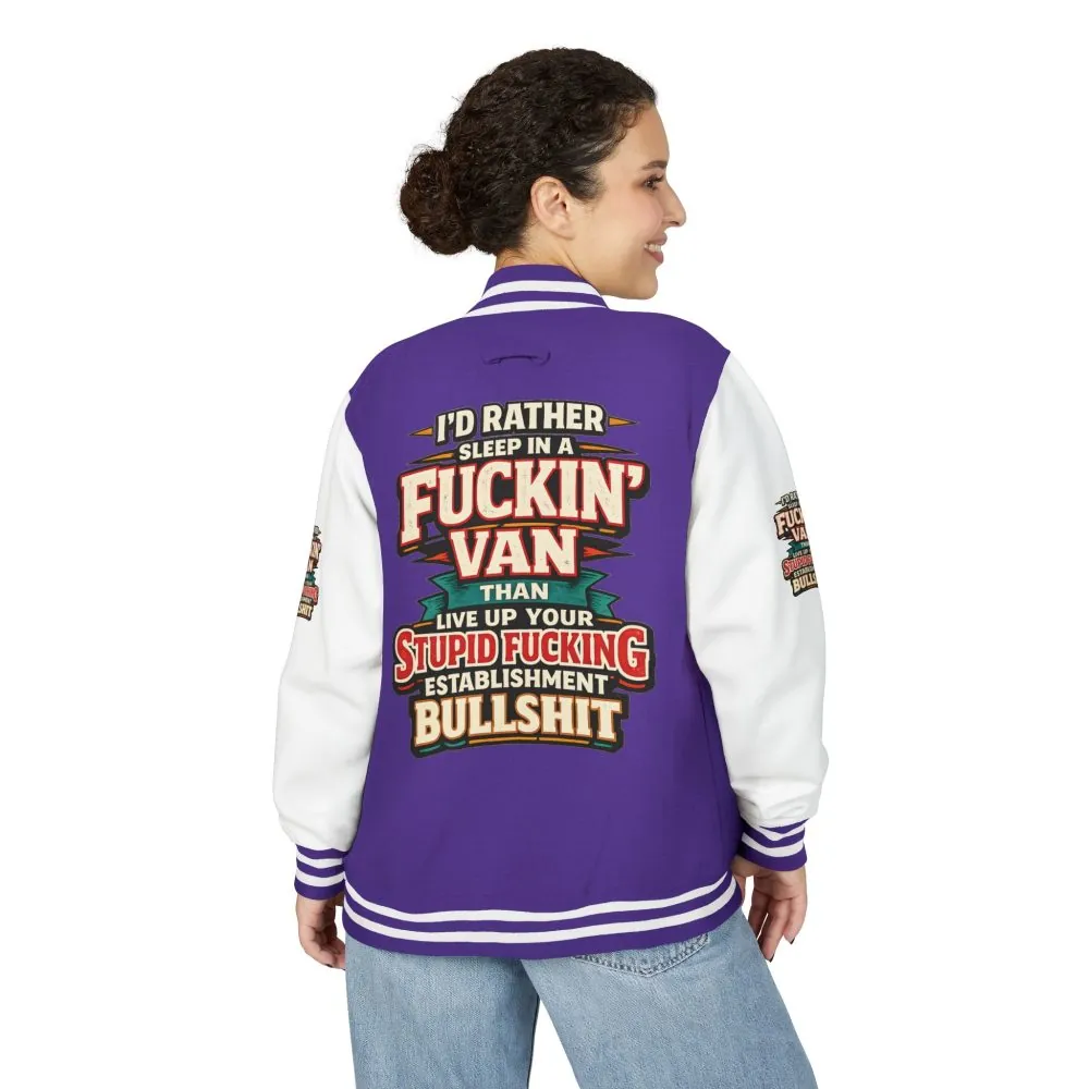 11441294094822683045_2048.jpeg Unisex Heavyweight Letterman Jacket — "I´d Rather Sleep in A Fucking Van" Design F**K-Line