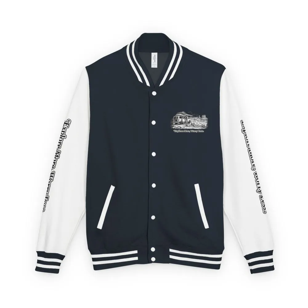 11442692258714856908_2048.jpeg Unisex Heavyweight Letterman Jacket — "Explore More Worry Less" Travel Varsity Coat