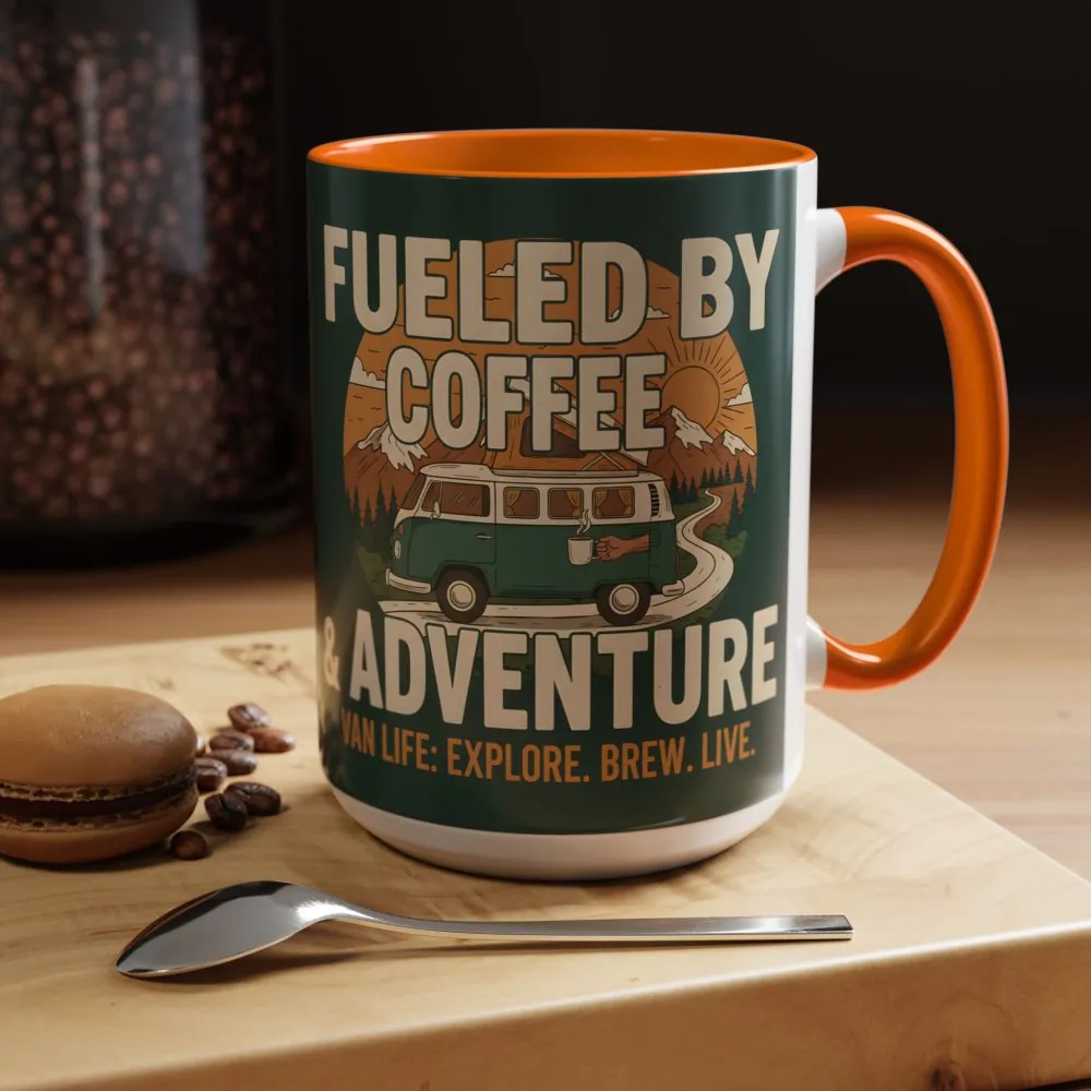 Accent Coffee Mug (11, 15oz) — "Fueled by Coffee & Adventure"