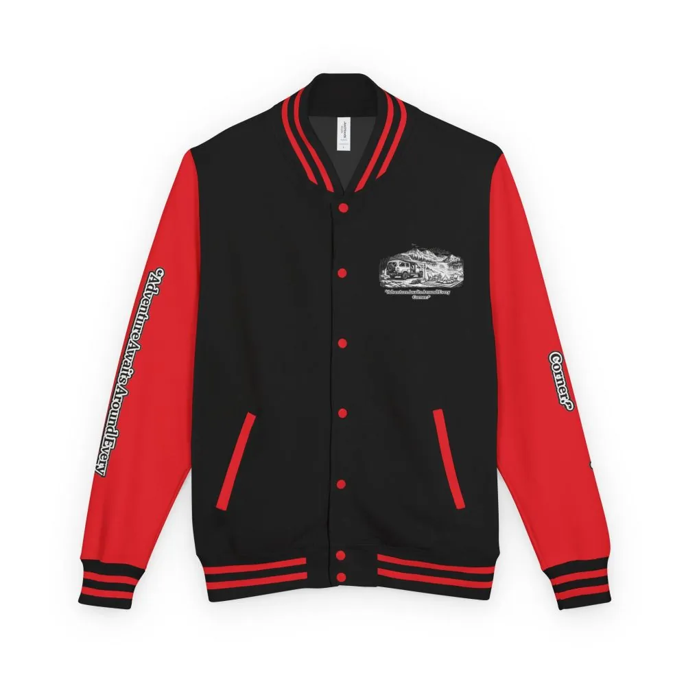 11463072397685882555_2048.jpeg Unisex Heavyweight Letterman Jacket — "Adventure Awaits Around Every Corner" Travel Varsity Coat