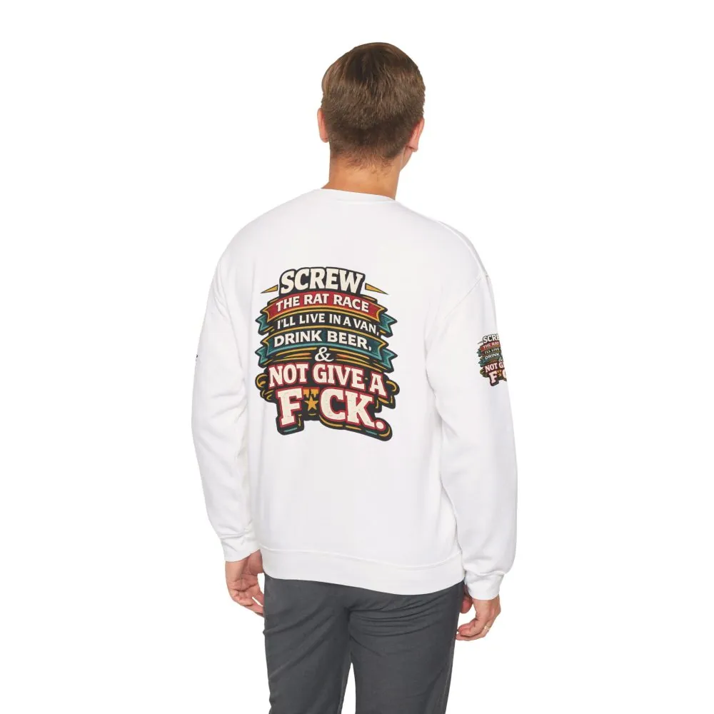 Unisex Heavy Blend™ Crewneck Sweatshirt — "Screw The Rat Race" Design F**K-Line