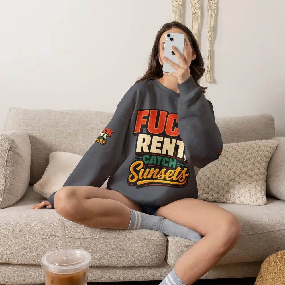1152745358635301687_2048.jpeg Unisex Heavy Blend™ Crewneck Sweatshirt — "Fuck Rent Catch Sunsets" Design F**K-Line