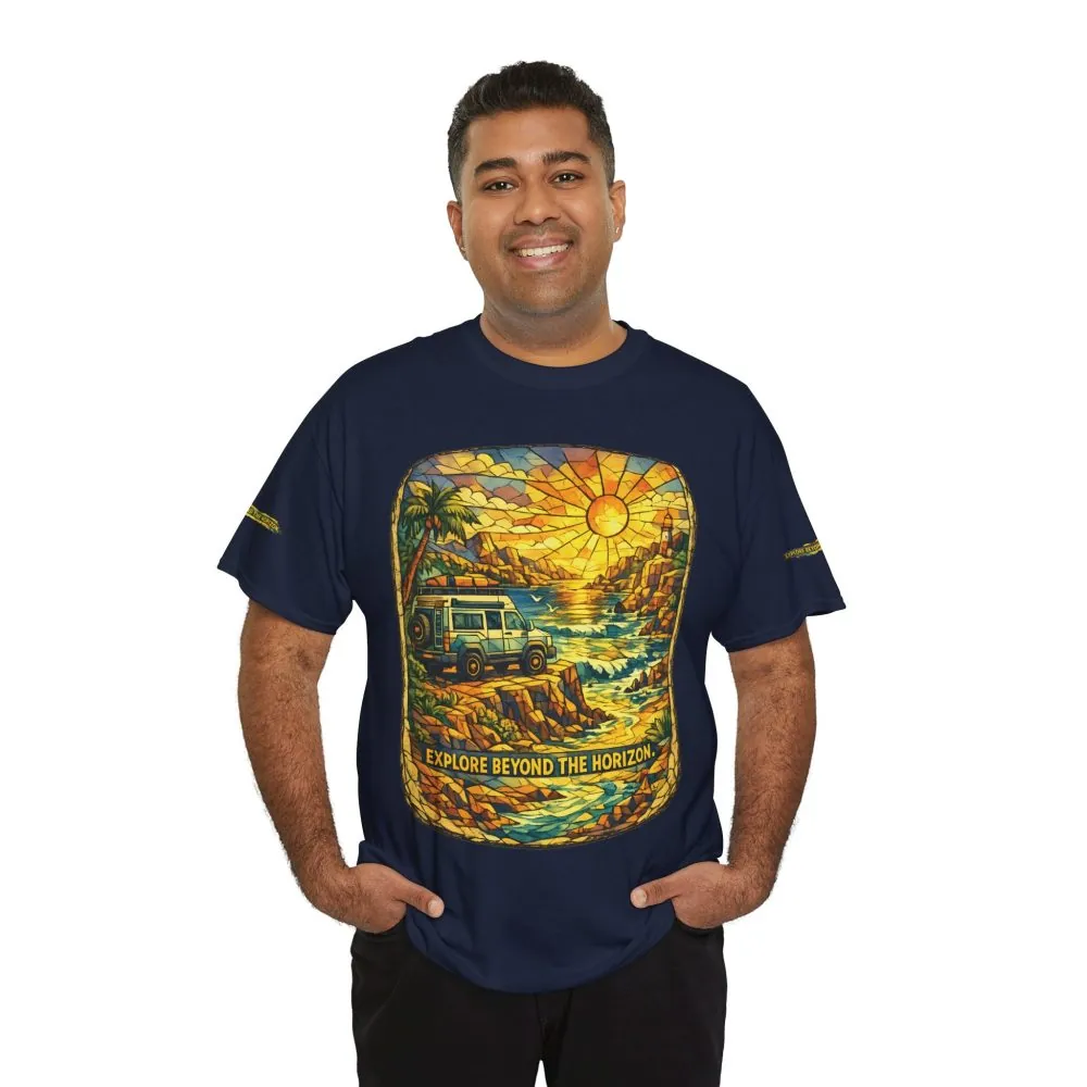 1157799336839641994_2048.jpeg Unisex Heavy Cotton Tee — "Explore Beyond The Horizon" Design Cubic-Line