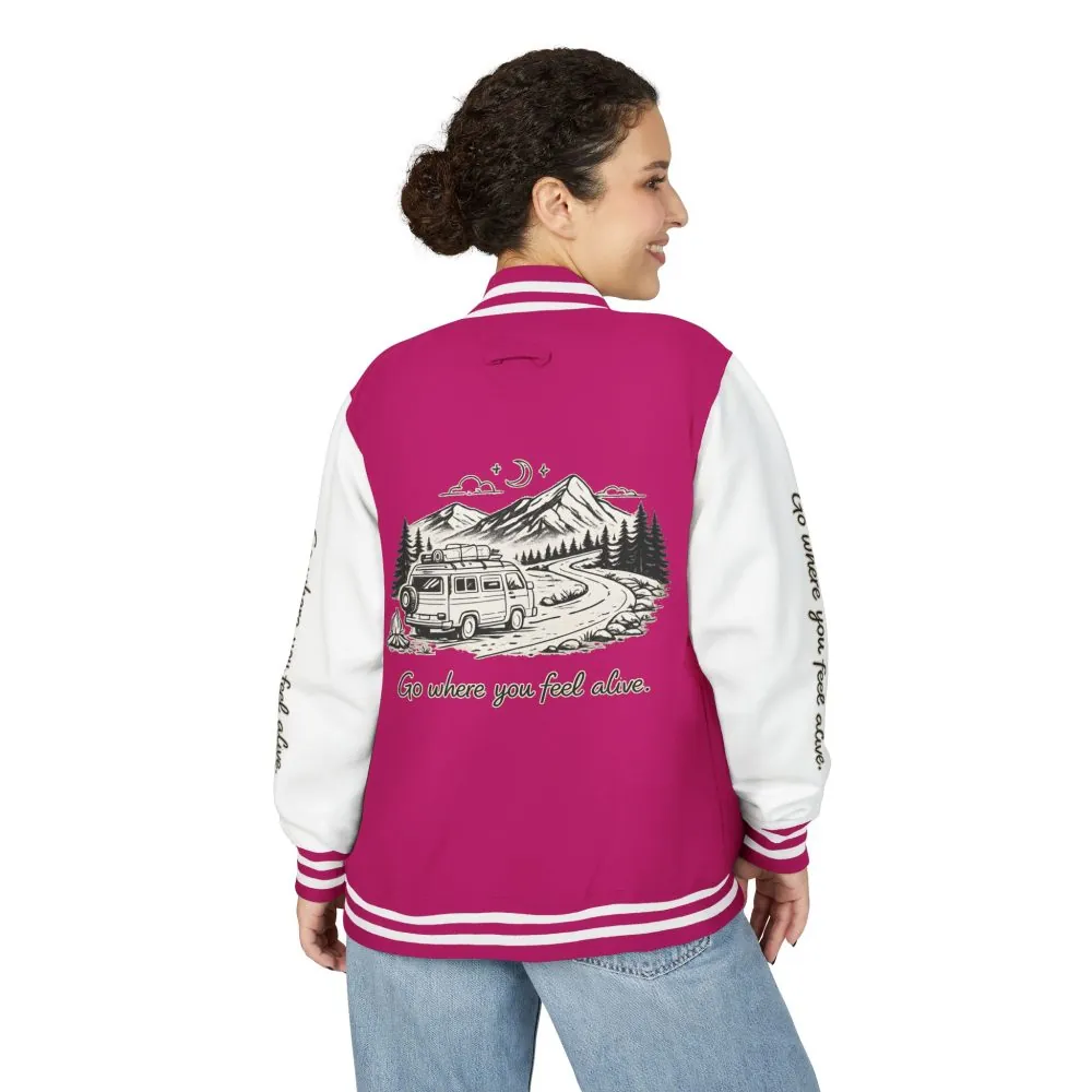 11613186611701681416_2048.jpeg Unisex Heavyweight Letterman Jacket — "Go Where You Feel Alive" Travel Varsity Coat