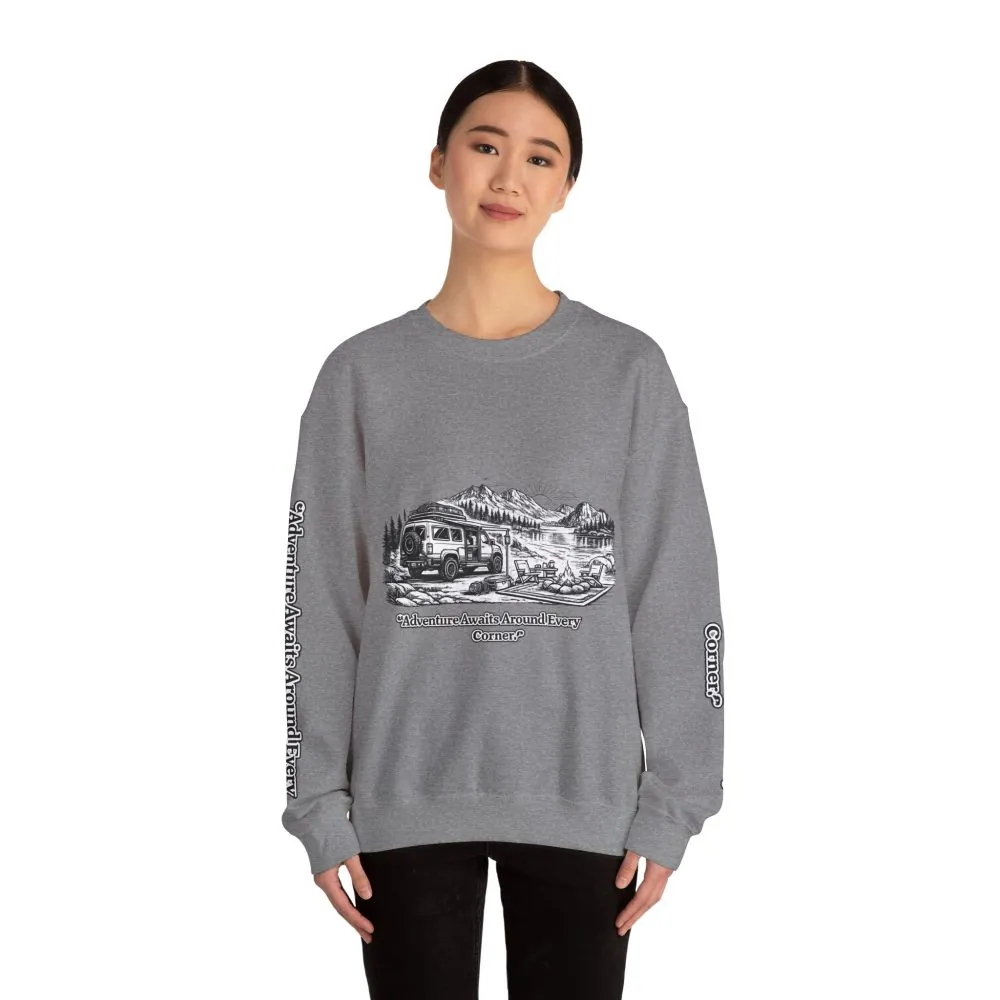 11614117552509427231_2048.jpeg Unisex Heavy Blend™ Crewneck Sweatshirt — "Adventure Awaits Around Every Corner" Design Minimal-Line