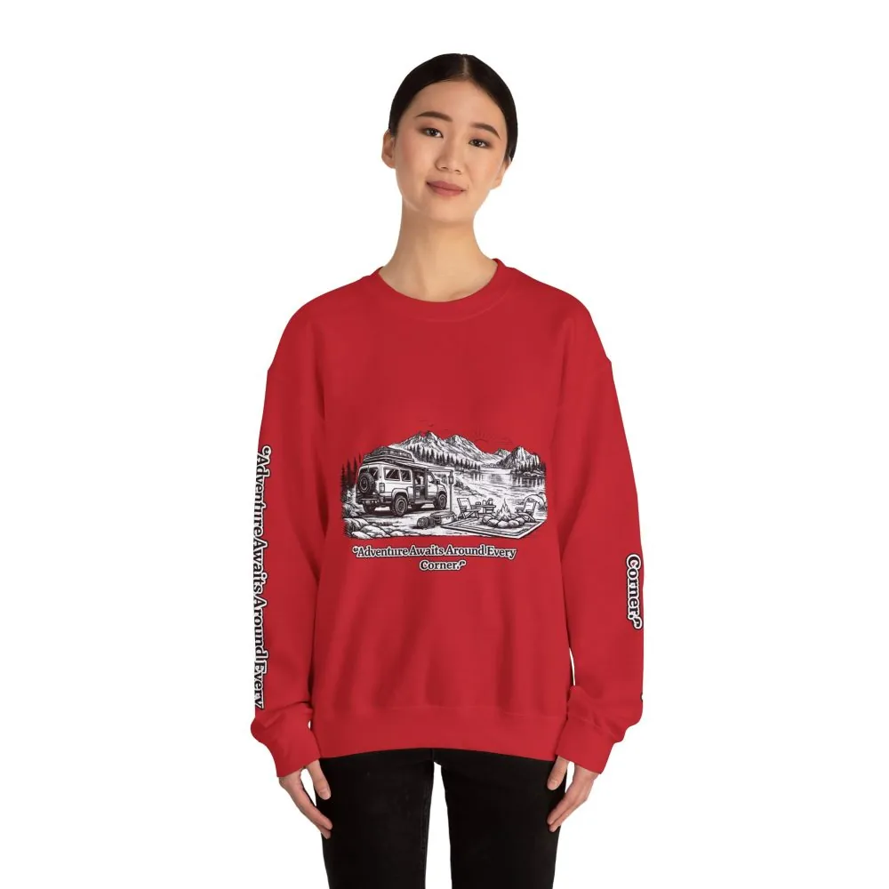 1165454895123173304_2048.jpeg Unisex Heavy Blend™ Crewneck Sweatshirt — "Adventure Awaits Around Every Corner" Design Minimal-Line