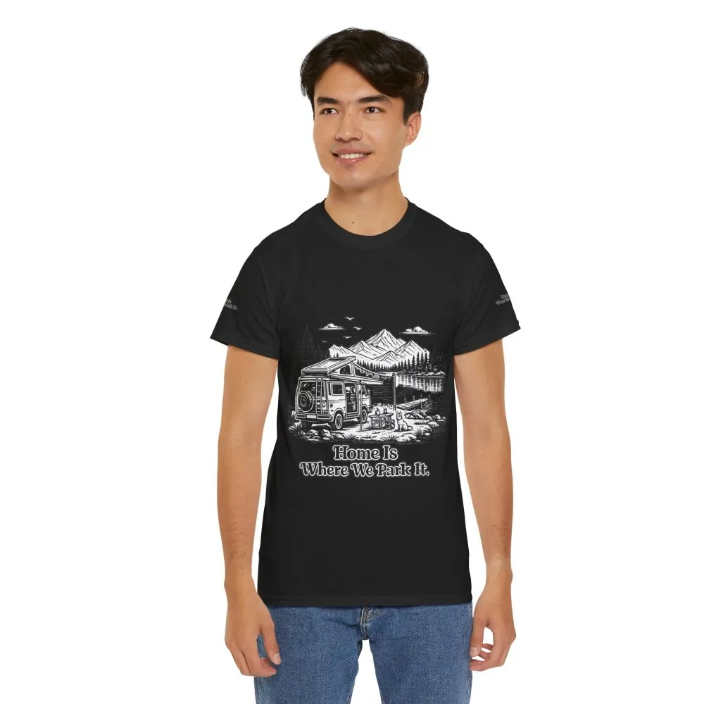 11678302314829057209_2048.jpeg Unisex Heavy Cotton Tee — "Home Is Where You Park It" Design Minimal-Line