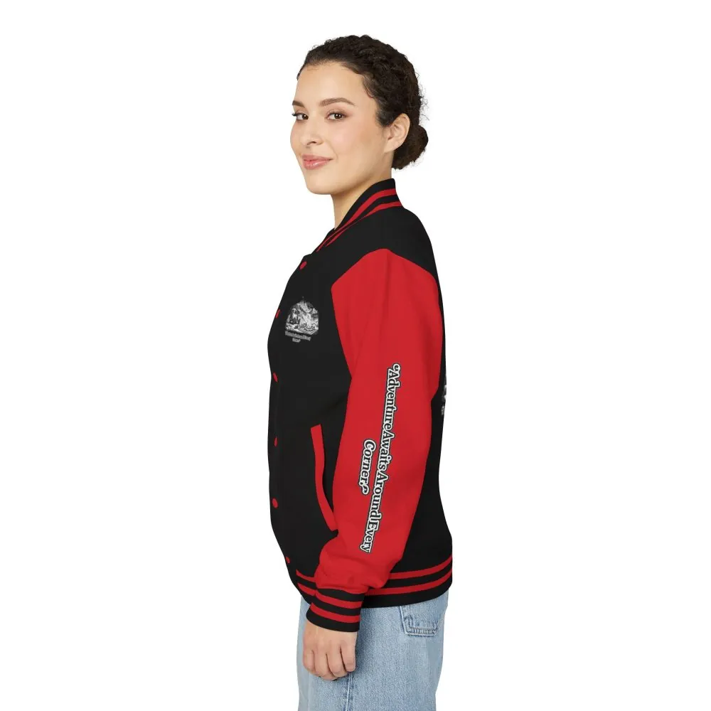 11681550940371465132_2048.jpeg Unisex Heavyweight Letterman Jacket — "Adventure Awaits Around Every Corner" Travel Varsity Coat