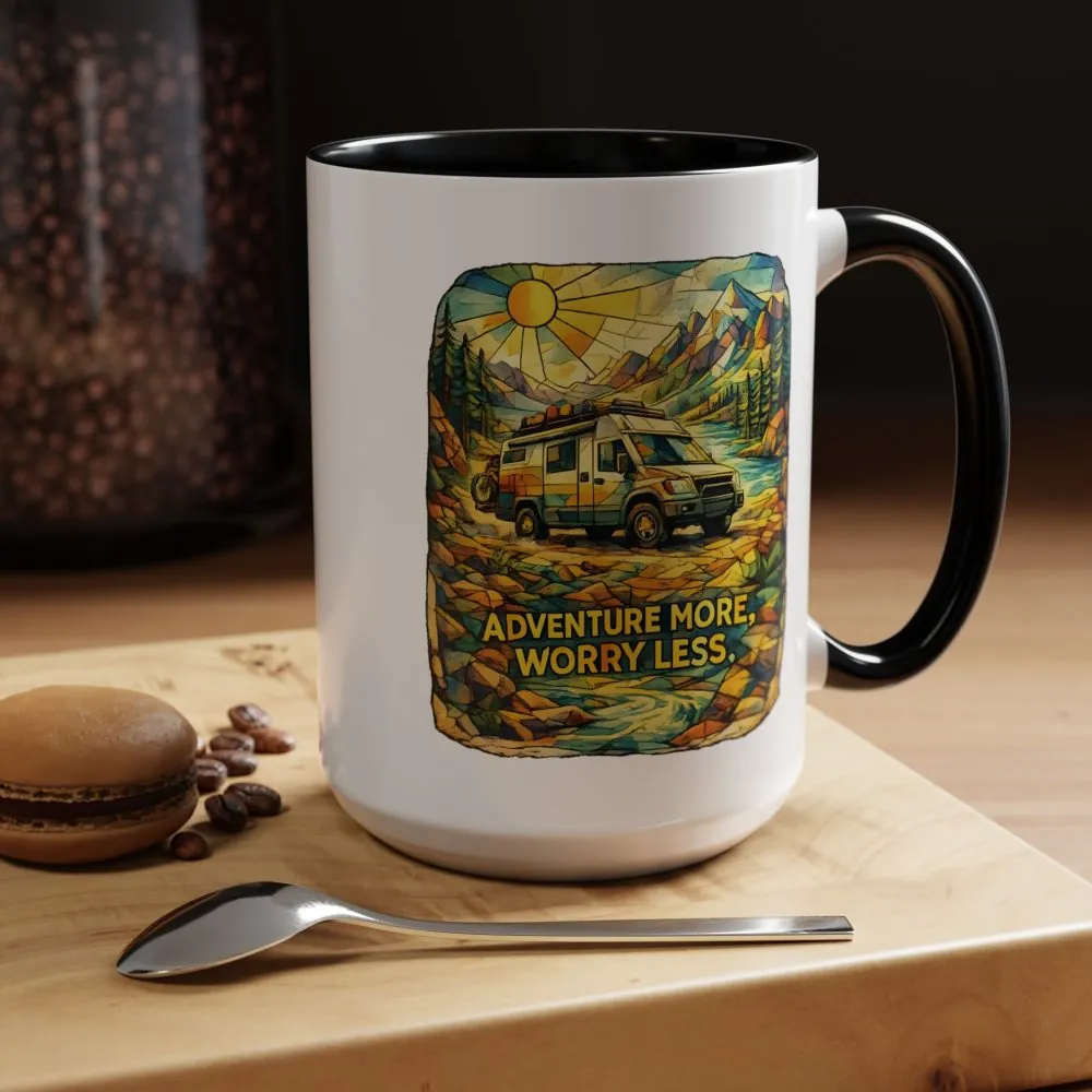Accent Coffee Mug (11, 15oz) — "Adventure More Worry Less" Design Cubic-Line