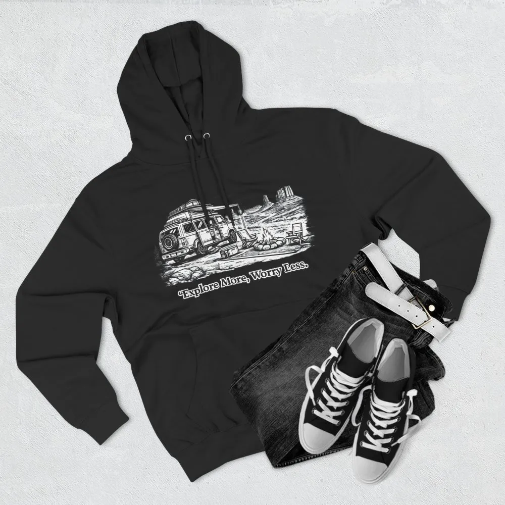 Three-Panel Fleece Hoodie - "Explore More Worry Less" Design Minimal-Line