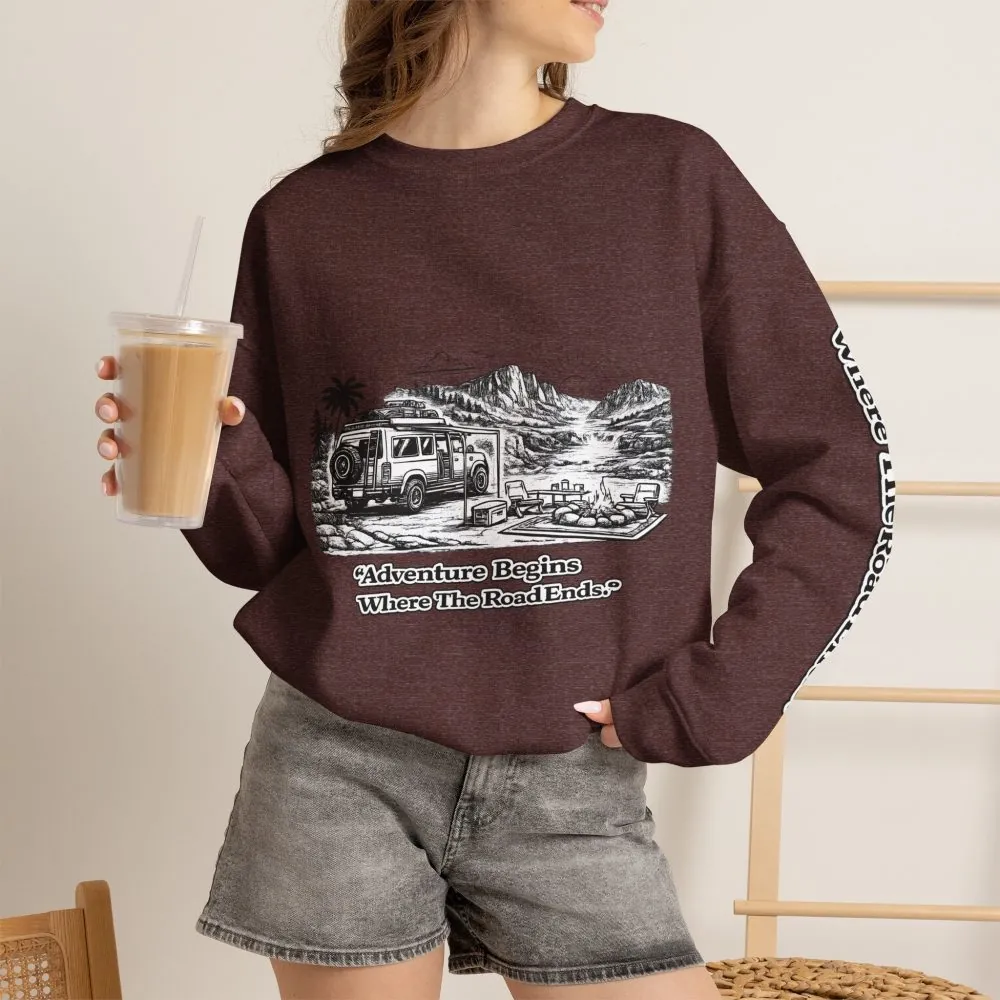 11731712726137154230_2048.jpeg Unisex Heavy Blend™ Crewneck Sweatshirt — "Adventure Begins Where The Road Ends" Design Minimal-Line
