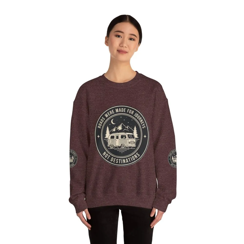 11753220007878156915_2048.jpeg Crewneck Sweatshirt — "ROAD WHERE MADE FOR JOURNEYS-NOT DESTINATIONS" (Font + Back + Sleaves printed) Vintage Camper Van Outdoor Graphic