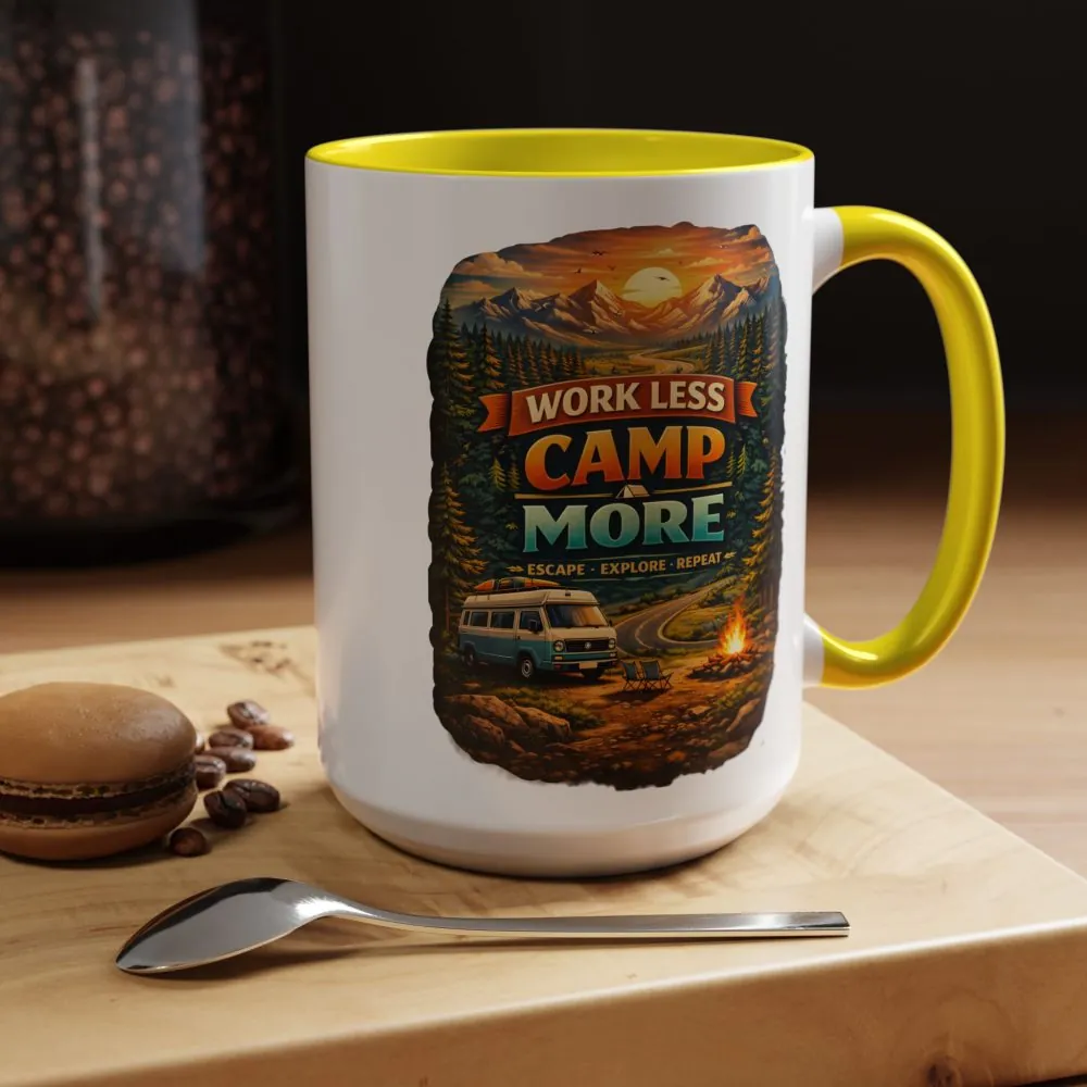 Accent Coffee Mug (11, 15oz) — "Work Less-Camp More" Design Scenic-Line