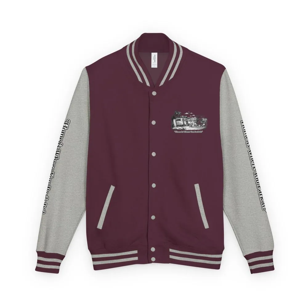 11807600889251019028_2048.jpeg Unisex Heavyweight Letterman Jacket — "Home Is Where You Park It" Travel Varsity Coat
