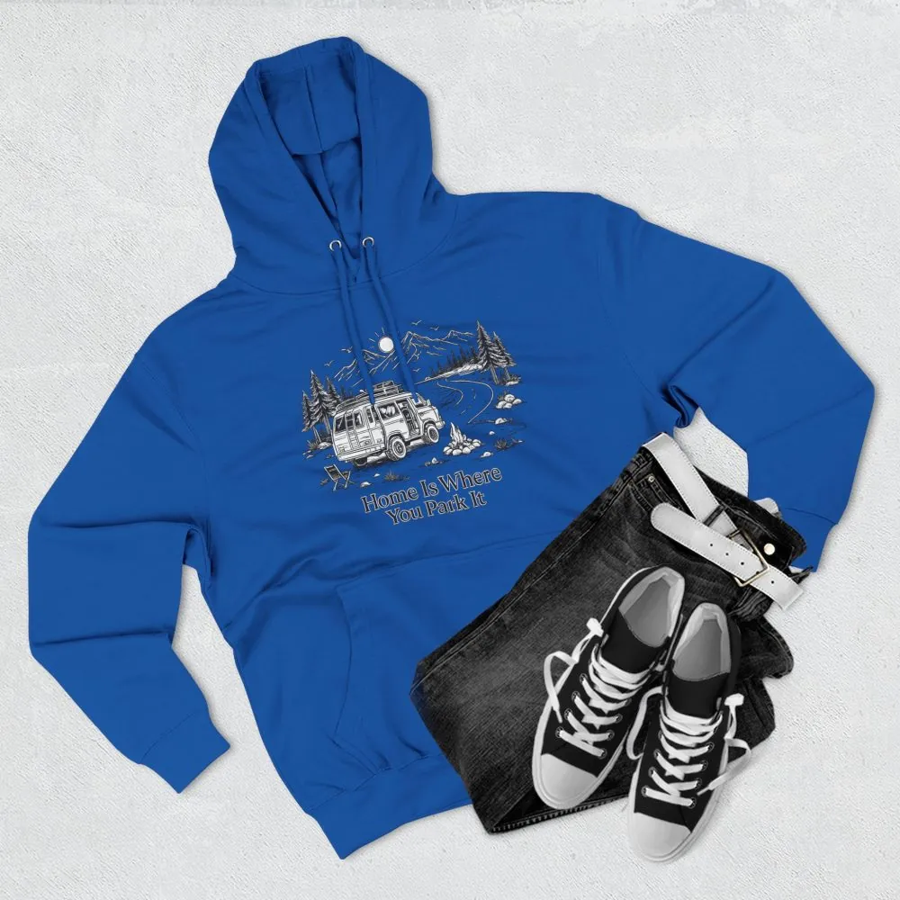 11823833769479539239_2048.jpeg Three-Panel Fleece Hoodie - "Home Is Where You Park It" Design Minimal-Line