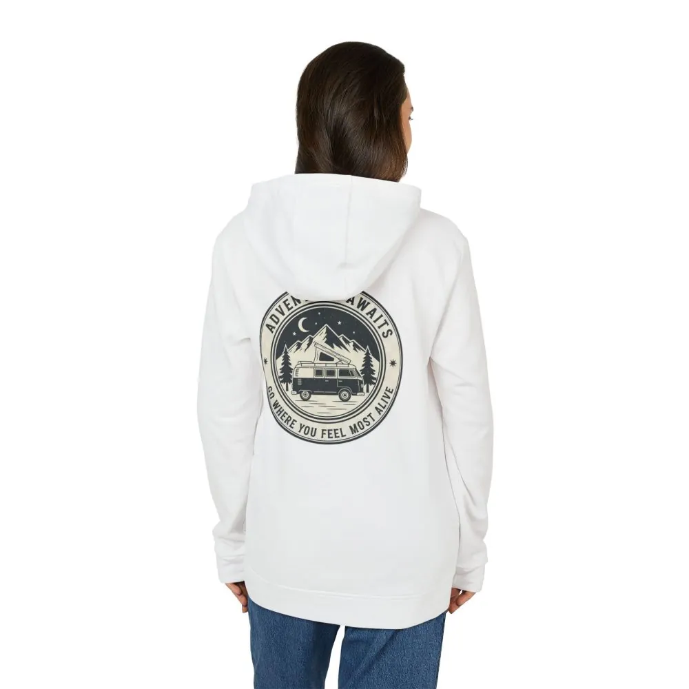 Hoodie(Adidas) — 'Adventure Awaits-Go Where You Feel Most Alive' Outdoor Travel Pullover (Only Back Printed)
