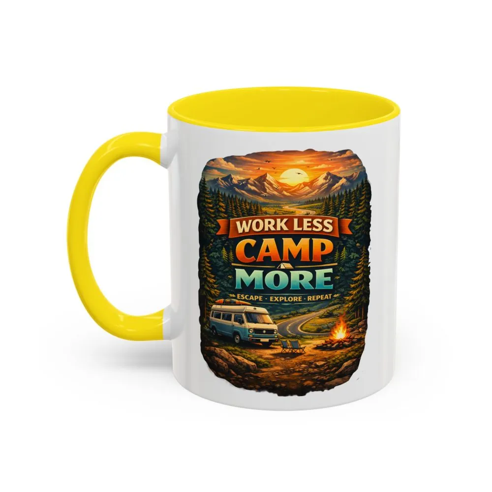 Accent Coffee Mug (11, 15oz) — "Work Less-Camp More" Design Scenic-Line