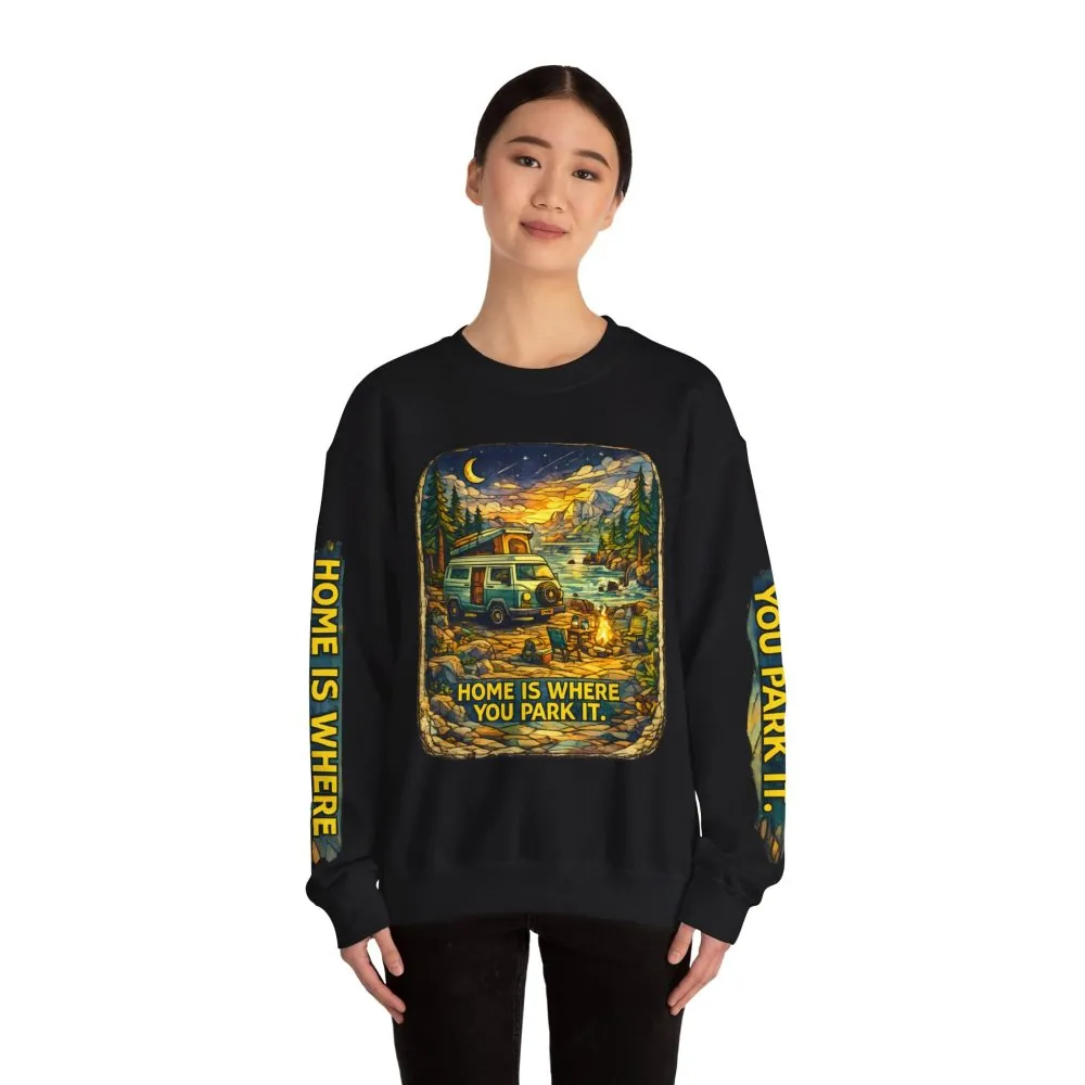 11883845996143255500_2048.jpeg Unisex Heavy Blend™ Crewneck Sweatshirt — "Home Is Where You Park It" Design Cubic-Line