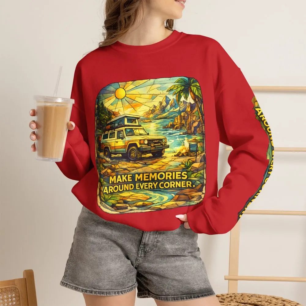 Unisex Heavy Blend™ Crewneck Sweatshirt — "Make Memories Around Every Corner" Design Cubic-Line