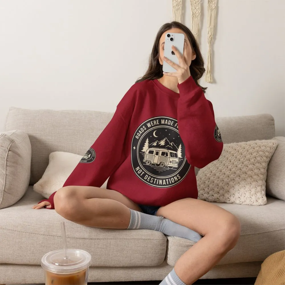 11907518764242009854_2048.jpeg Crewneck Sweatshirt — "ROAD WHERE MADE FOR JOURNEYS-NOT DESTINATIONS" (Font + Back + Sleaves printed) Vintage Camper Van Outdoor Graphic