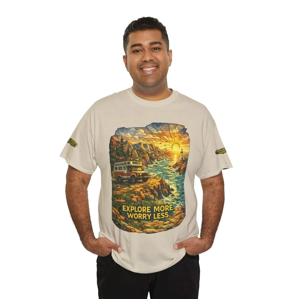 11921941222728476459_2048.jpeg Unisex Heavy Cotton Tee — "Explore More Worry Less" Design Cubic-Line