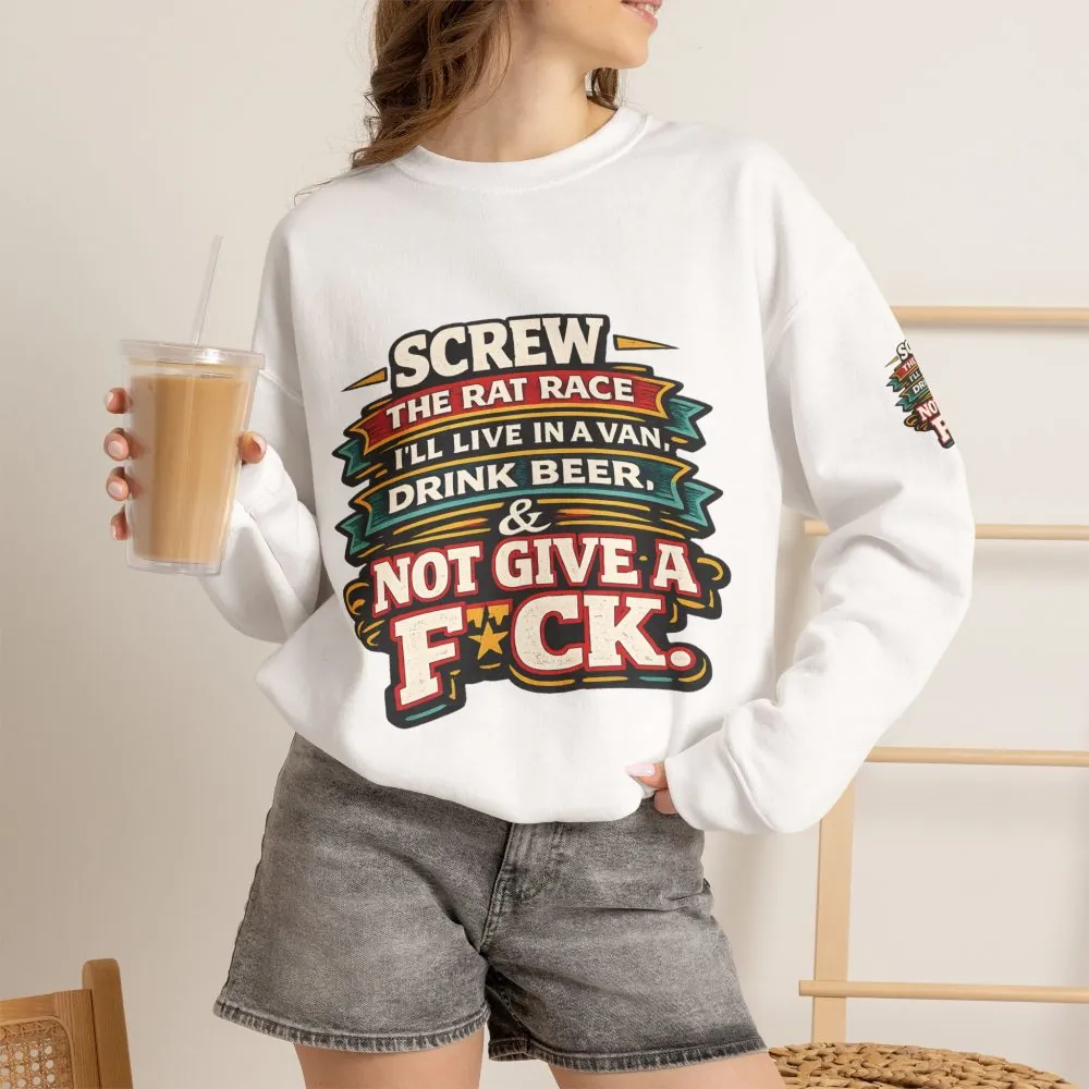 Unisex Heavy Blend™ Crewneck Sweatshirt — "Screw The Rat Race" Design F**K-Line
