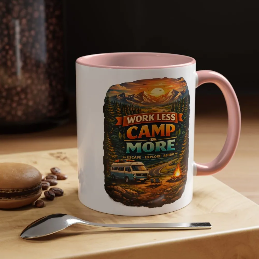 Accent Coffee Mug (11, 15oz) — "Work Less-Camp More" Design Scenic-Line