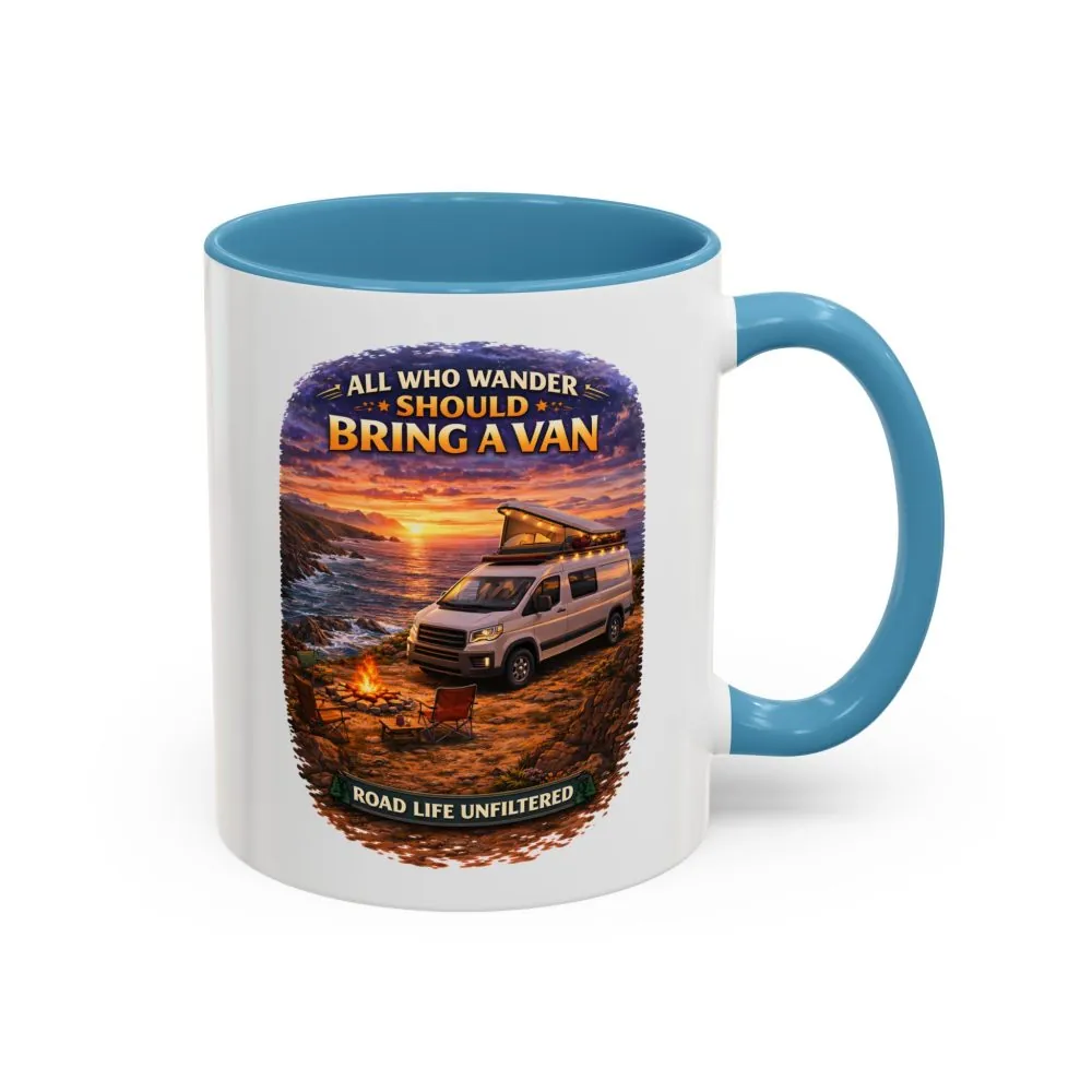Accent Coffee Mug (11, 15oz) — "All Who wander Should Bring A Van" Design Scenic-Line