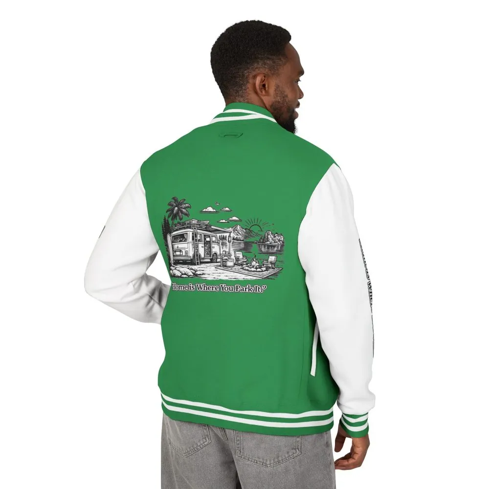 11973668017285655079_2048.jpeg Unisex Heavyweight Letterman Jacket — "Home Is Where You Park It" Travel Varsity Coat