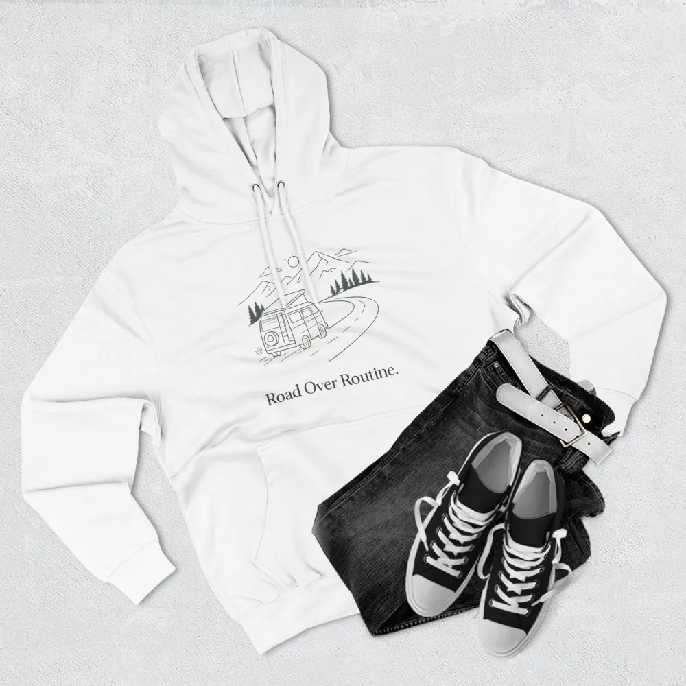 Three-Panel Fleece Hoodie - "Road Over Routine" Design Minimal-Line