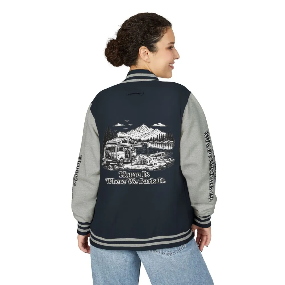 1203145205069303639_2048.jpeg Unisex Heavyweight Letterman Jacket — "Home Is Where You Park It" Travel Varsity Coat