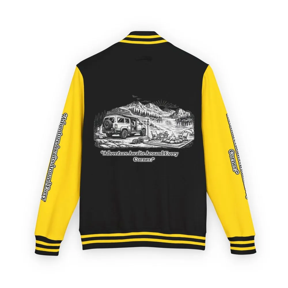 12041310279379665228_2048.jpeg Unisex Heavyweight Letterman Jacket — "Adventure Awaits Around Every Corner" Travel Varsity Coat