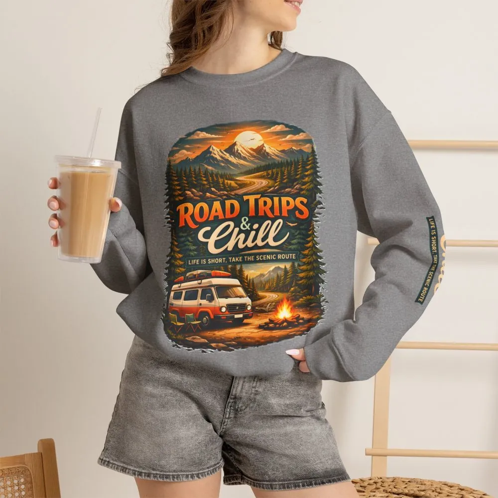 Unisex Heavy Blend™ Crewneck Sweatshirt — "Road Trips & Chill" Design Scenic-Line