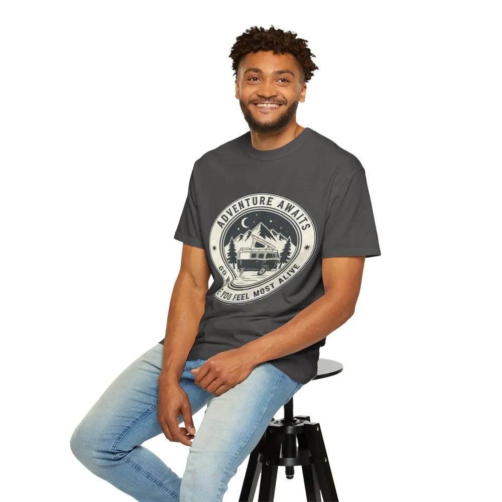 12137711784008031812_2048.jpeg T-Shirt — "Adventure Awaits-Go Where You Feel Most Alive" (Only Front Printed) Outdoor Travel Tee