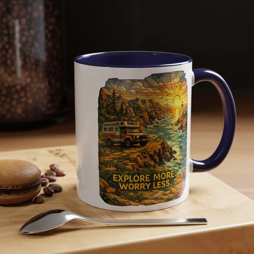 Accent Coffee Mug (11, 15oz) — "Explore More Worry Less" Design Cubic-Line