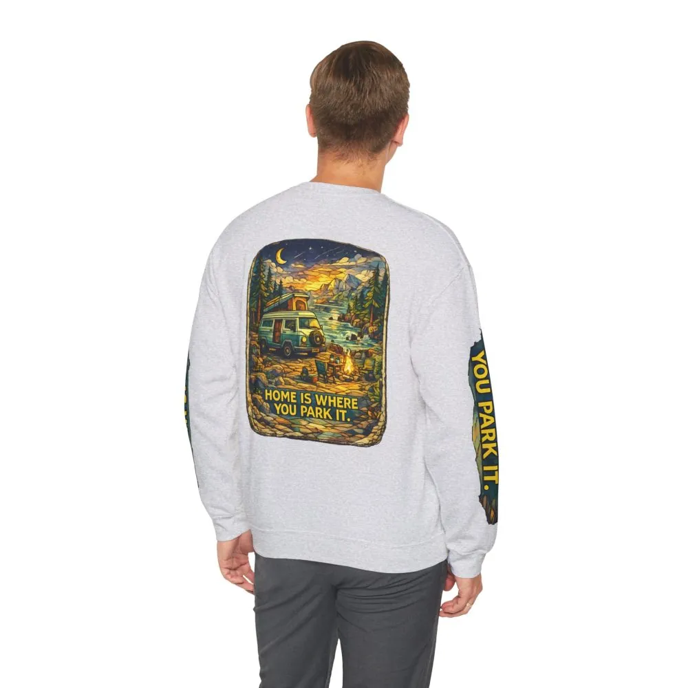 12208995173005282264_2048.jpeg Unisex Heavy Blend™ Crewneck Sweatshirt — "Home Is Where You Park It" Design Cubic-Line