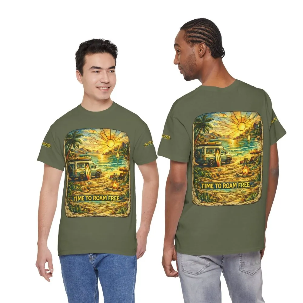 Unisex Heavy Cotton Tee — "Time To Roam Free" Design Cubic-Line