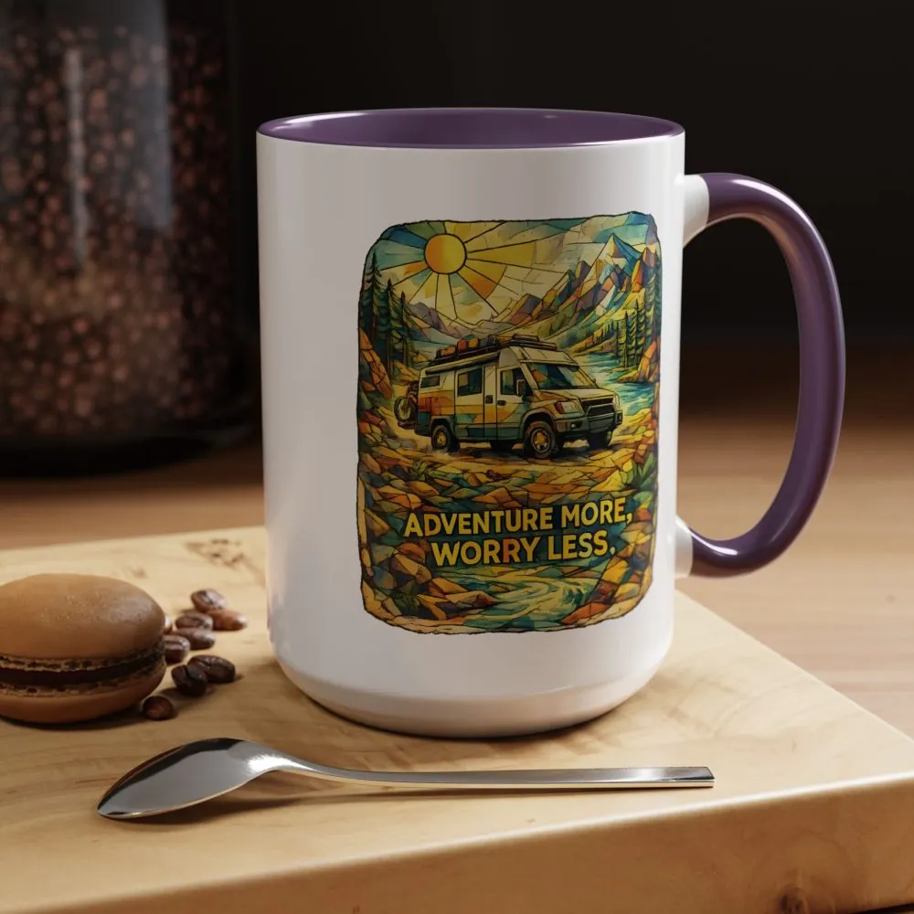 Accent Coffee Mug (11, 15oz) — "Adventure More Worry Less" Design Cubic-Line