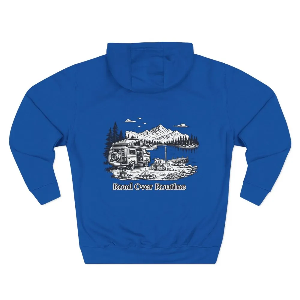 Three-Panel Fleece Hoodie - "Road Over Routine" Design Minimal-Line