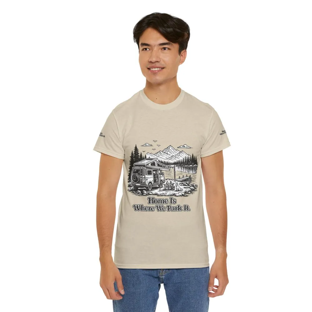 12322667939244475948_2048.jpeg Unisex Heavy Cotton Tee — "Home Is Where You Park It" Design Minimal-Line
