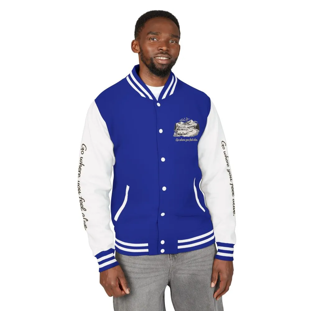12324960018451847016_2048.jpeg Unisex Heavyweight Letterman Jacket — "Go Where You Feel Alive" Travel Varsity Coat