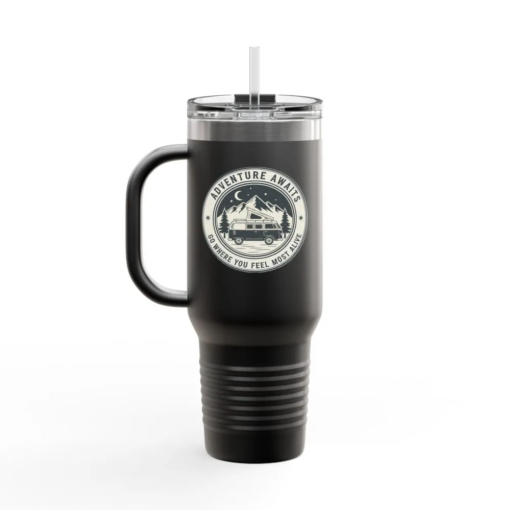12331903796929674461_2048.jpeg Insulated Travel Mug - "Adventure Awaits-Go Where You Feel Most Alive" (40oz) – Retro Camper Design, Keep Drinks Hot or Cold