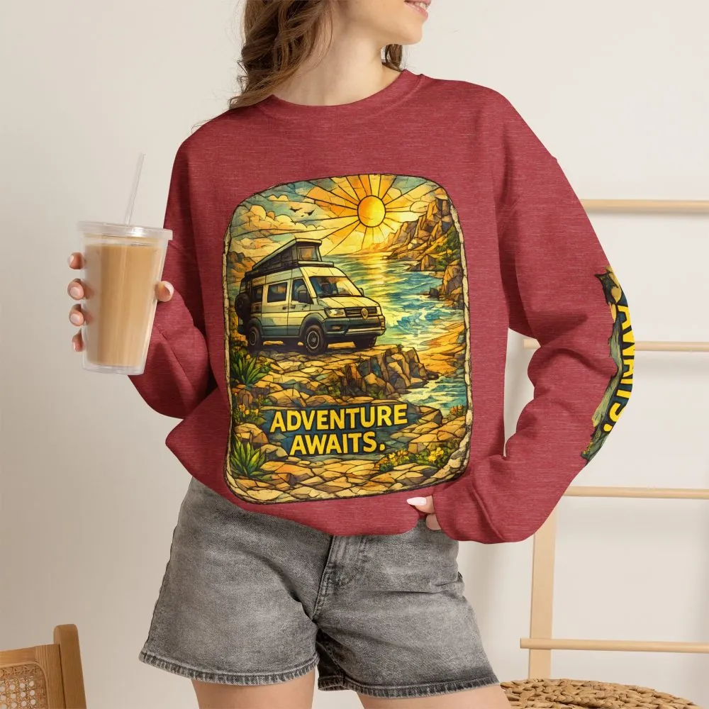 Unisex Heavy Blend™ Crewneck Sweatshirt — "Adventure Awaits" Design Cubic-Line