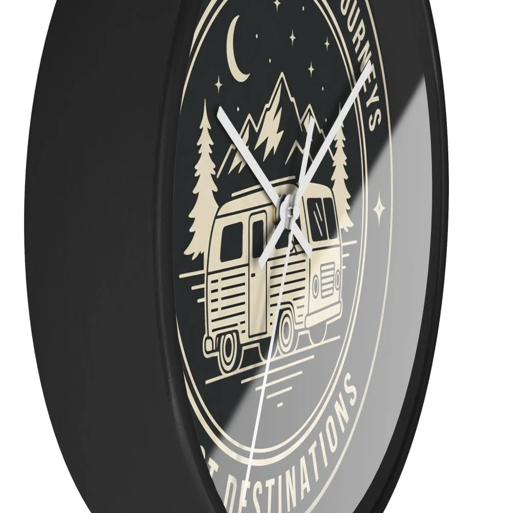 Wall Clock — "ROAD WHERE MADE FOR JOURNEYS-NOT DESTINATIONS" Camper Van Mountain Travel Timepiece