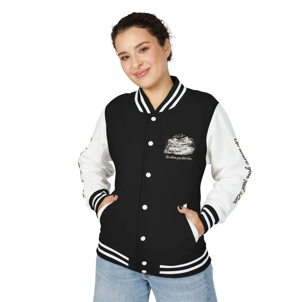 1241814057504994435_2048.jpeg Unisex Heavyweight Letterman Jacket — "Go Where You Feel Alive" Travel Varsity Coat