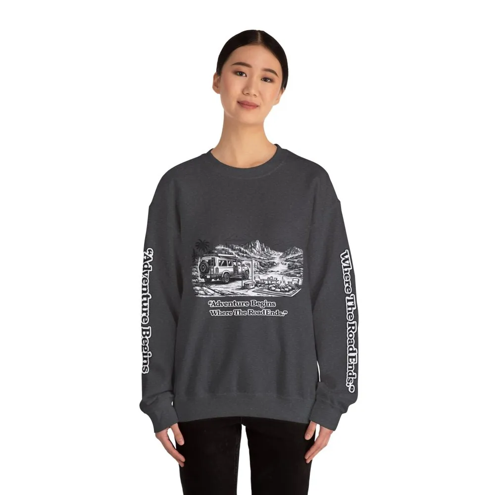 12422471199835846871_2048.jpeg Unisex Heavy Blend™ Crewneck Sweatshirt — "Adventure Begins Where The Road Ends" Design Minimal-Line