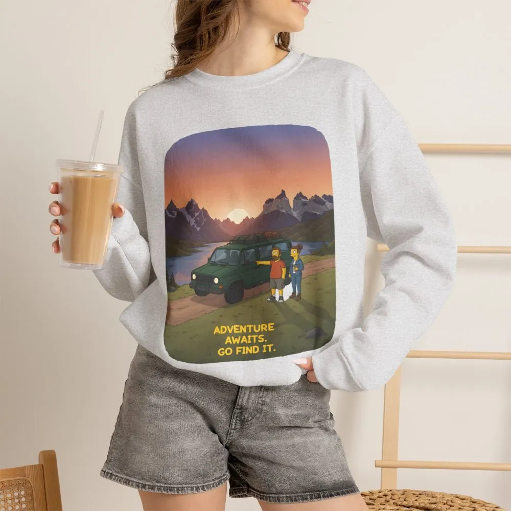 Unisex Heavy Blend™ Crewneck Sweatshirt — "Adventure Awaits-Go Find It" Design Sitcom-Line