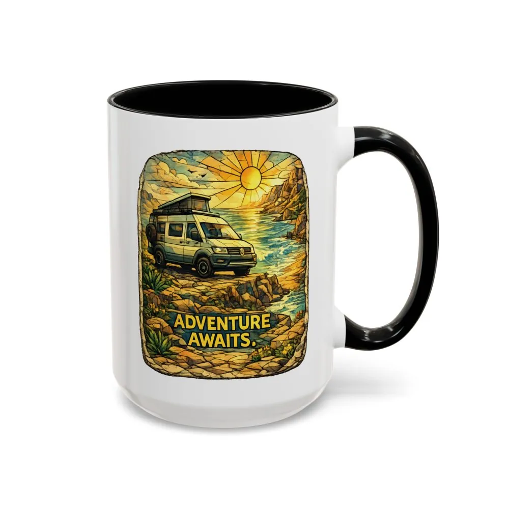 Accent Coffee Mug (11, 15oz) — "Adventure Awaits" Design Cubic-Line