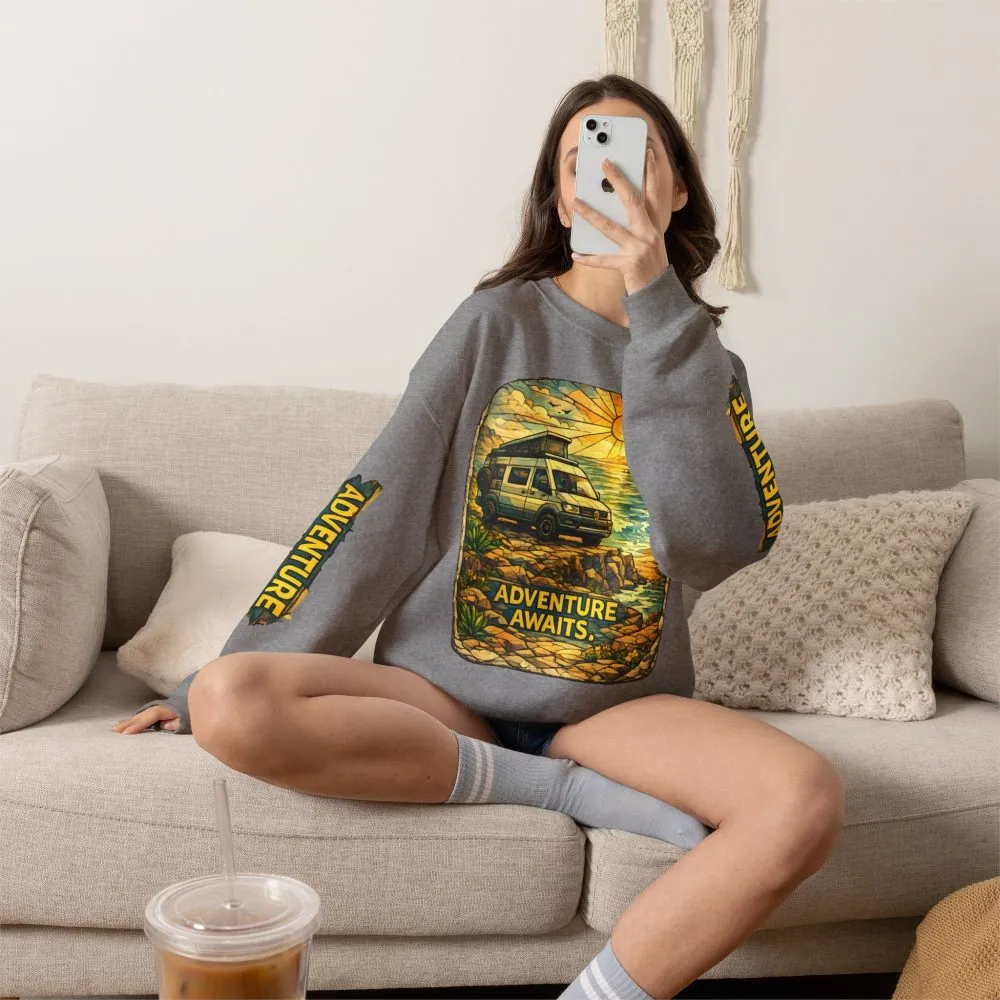 Unisex Heavy Blend™ Crewneck Sweatshirt — "Adventure Awaits" Design Cubic-Line